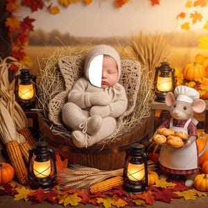 May include: A baby in a beige knitted outfit and hat rests in a wooden barrel lined with woven material. The scene is decorated with pumpkins, lanterns, and autumn leaves, with a mouse figurine holding bread.