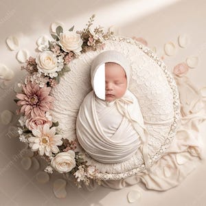 May include: A newborn baby, wrapped in white fabric and wearing a bonnet, lies in a decorative, lace-edged basket. The basket is encircled by a floral arrangement of pink, cream, and white flowers, with scattered petals.