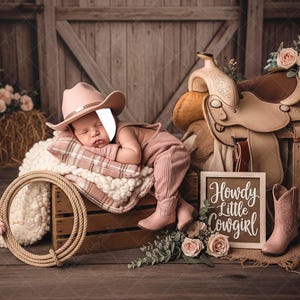 May include: A sleeping baby wearing a pink cowboy hat and outfit, resting on a plaid pillow. The scene includes a saddle, boots, a rope, and a sign that says "Howdy Little Cowgirl."