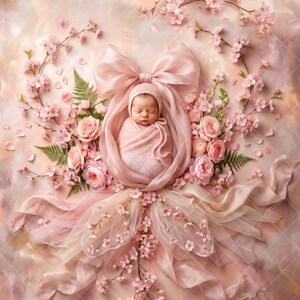 May include: A newborn infant wrapped in a soft pink swaddle and matching bonnet, positioned within a large pink fabric bow. The scene is surrounded by pink cherry blossoms, green fern leaves, and pink roses on a soft, light pink background.