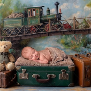 May include: A newborn baby lies swaddled on a green vintage suitcase, with a teddy bear and several brown suitcases nearby. A painted backdrop features a green train on a bridge. The scene evokes a vintage travel theme.
