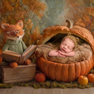 May include: A baby sleeps in a pumpkin bed, wearing a bear hat. A fox toy wearing glasses reads a book. The scene is decorated with pumpkins, apples, and autumn leaves, creating a fall theme. The scene evokes a cosy autumn atmosphere.