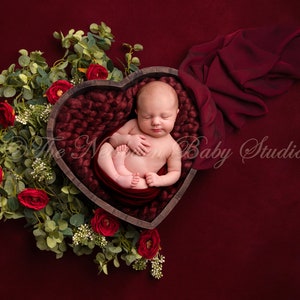 May include: A newborn baby sleeping in a heart-shaped wooden basket lined with burgundy fabric. The basket is surrounded by greenery and red roses on a burgundy background.