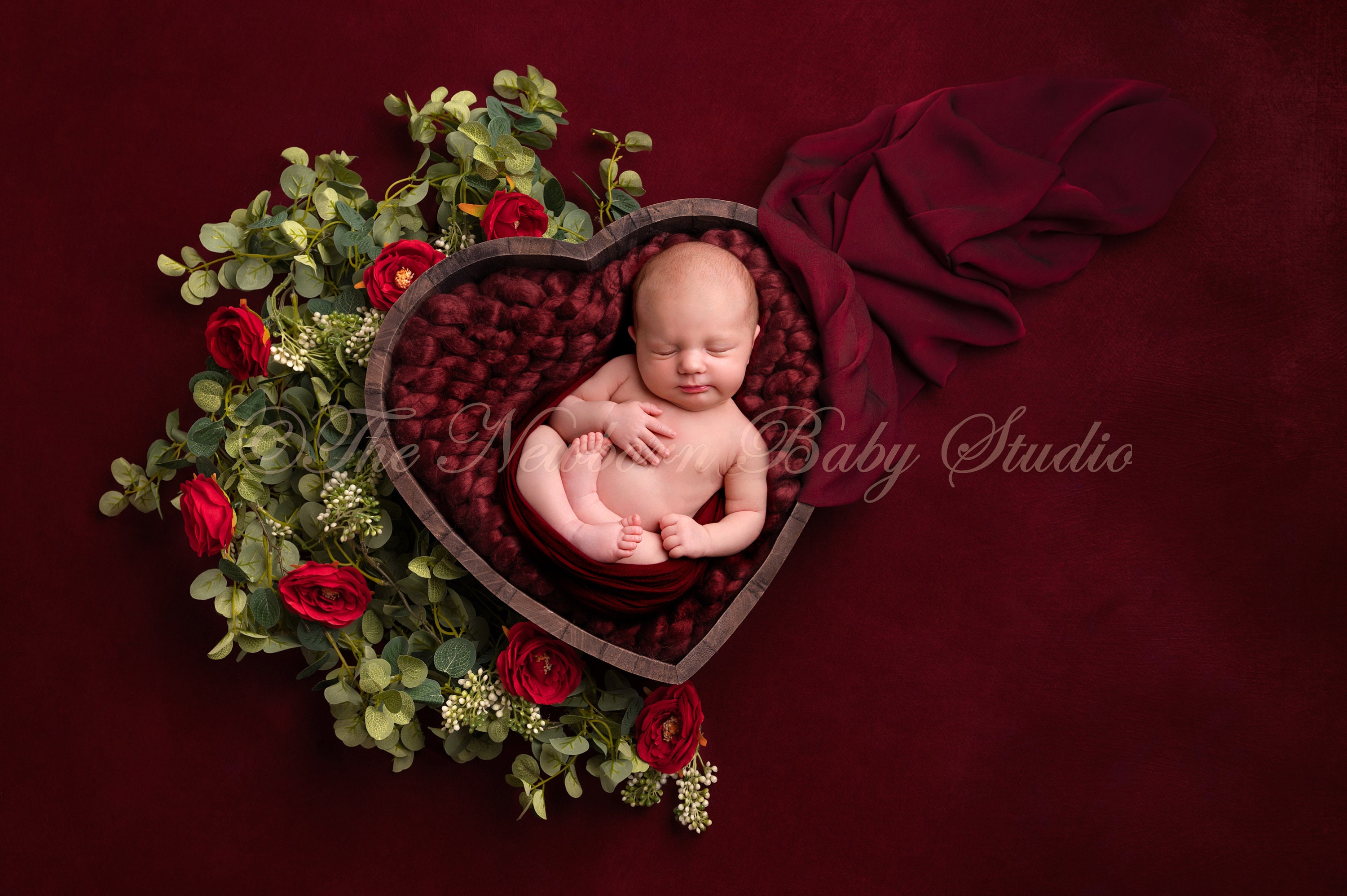 Newborn Digital Backdrop With Red Roses Garland and Heart Prop