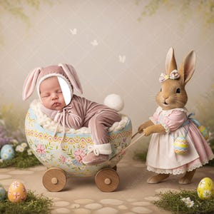 May include: A baby in a bunny outfit sleeps in an egg-shaped carriage, pulled by a bunny figurine. The carriage is decorated with floral patterns. Easter eggs are scattered around the scene, creating a festive holiday theme.