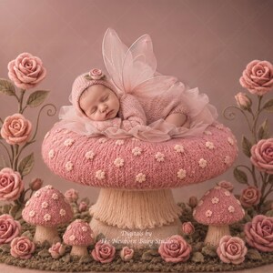 May include: A knitted pink mushroom-shaped prop featuring a sleeping infant wearing a matching bonnet and fairy wings. The scene includes smaller knitted mushrooms and pink roses surrounding the central mushroom. Text reads: Digitals by The Newborn Baby Studio.