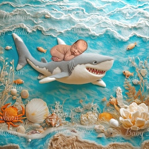 May include: A newborn baby is sleeping on a plush white shark, surrounded by ocean-themed props, including seashells, coral, and starfish. The background is a blue and white watercolor-style depiction of the ocean.