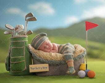 May include: A newborn baby dressed in a golf-themed outfit, sleeping peacefully in a miniature golf cart. A green golf bag with clubs, a red flag, and golf balls are nearby. The sign reads "Par-fectly New".