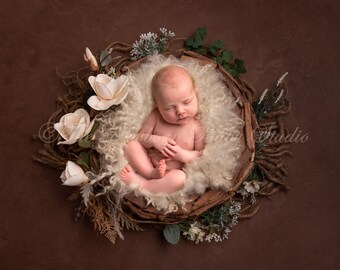 Floral newborn digital backdrop, Woodland backdrop for girl, Rustic background, Earthy composite newborn, Woodland overlay girl, over head