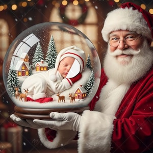 Puede incluir: Papá Noel sosteniendo un globo de nieve con un bebé dentro. El bebé lleva un traje blanco con gorro y mitones rojos y blancos. El globo de nieve presenta una escena invernal con casas, árboles y renos. Papá Noel lleva un traje y gorro rojos con barba blanca.