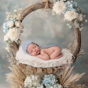 Newborn Digital Backdrop | Newborn Swing Photo Prop | Blue & Cream Floral Wreath Background | Swing Digital Backdrop for Newborn Boy or Girl