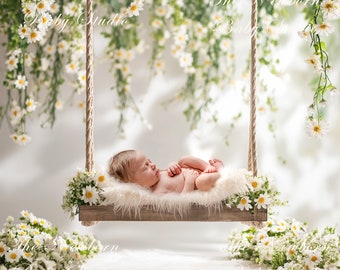 Newborn Digital Backdrop with Swing, Digital Backdrop Newborn, Newborn Digital Background, Spring, Floral, Daisies, Girl