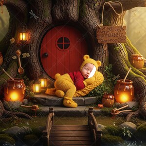 May include: A baby dressed in a yellow Winnie the Pooh costume sleeps peacefully in front of a red door. The scene is set in a whimsical forest with honey pots, lanterns, and a sign that says "Honey".