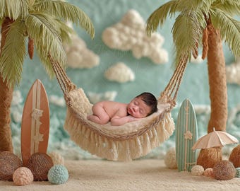 Fondo digital de hamaca de playa tropical para recién nacidos / Fondo de fotos de verano para bebés / Escena oceánica con palmeras para edición de Photoshop