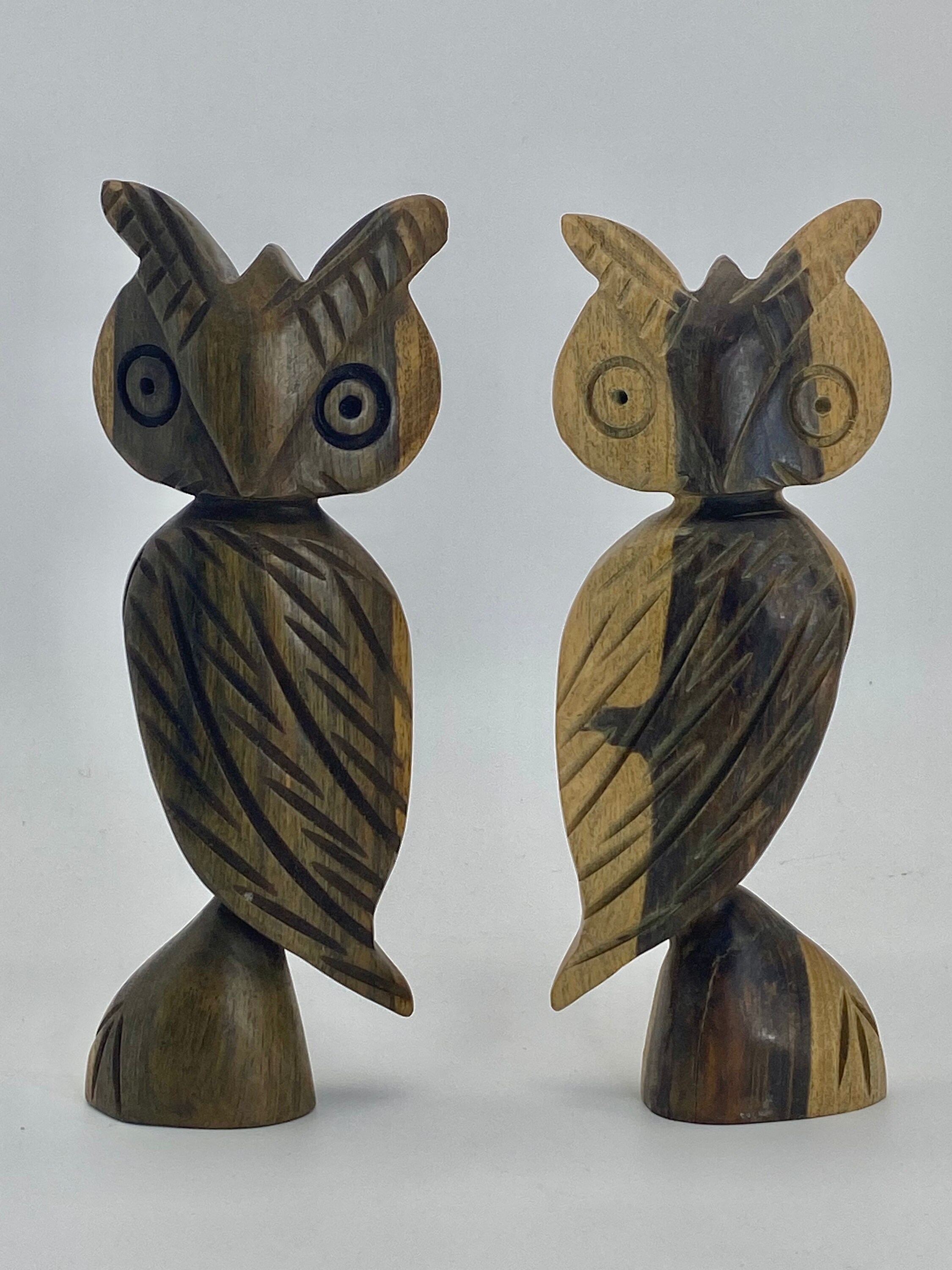 Two Vintage Wood Carved Owls Puerto Rico