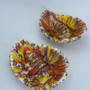 Two Vintage Ashtrays Drip Splatter Ceramic Brown Yellow Red Retro Cigarette Cigar Joint Mid Century
