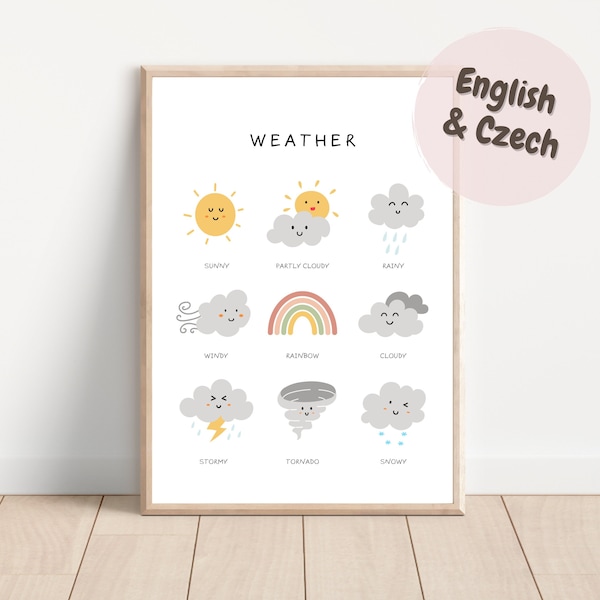 Weather Poster, Educational Print, Printable Wall Art, Montessori Nursery, Czech, Počasí plakát, Homeschool Decor, DIGITAL DOWNLOAD