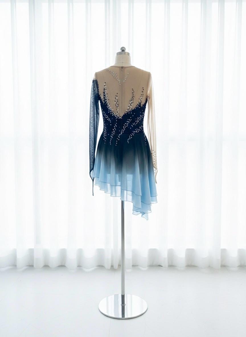 Custom Figure Skating Dress: Black & Blue Ombre Rhinestone Costume