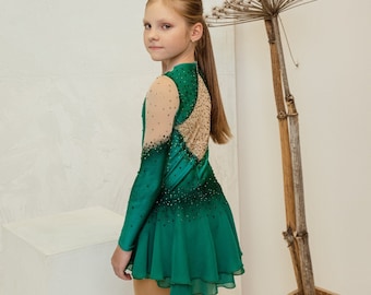 Emerald  Ice Skating Dress,  emerald colors figure skating competition dress, already made, size 140-146 cm ( 10-12)