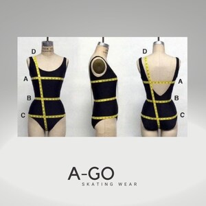 May include: Diagram showing how to measure a figure skating leotard. The diagram shows a black leotard on a mannequin with yellow measuring tape. The letters A, B, C, and D indicate the different measurements.