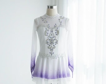 White Figure Skating Dress: Elegant Purple Ombre Crystal Competition Gown
