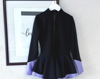 Abito da allenamento per pattinaggio artistico nero, caldo abito termico per pattinaggio su ghiaccio per ragazze, abito da pattinaggio a maniche lunghe con dettagli lilla