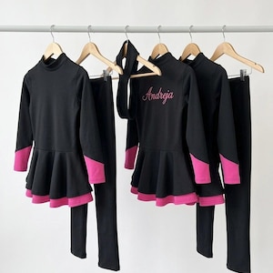 Girls' Figure Skating Outfit: Black Ice Dress with Pink, Thermal Pants & Headband