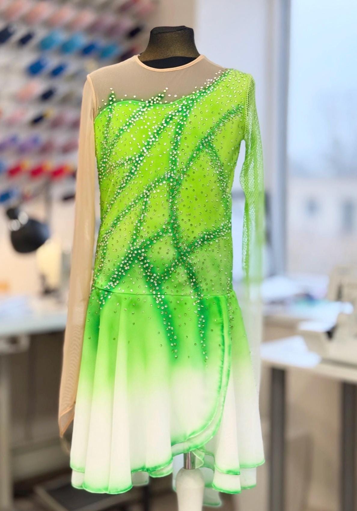 Green White Figure Skating Dress - Ice Skating Competition Costume - Custom Made