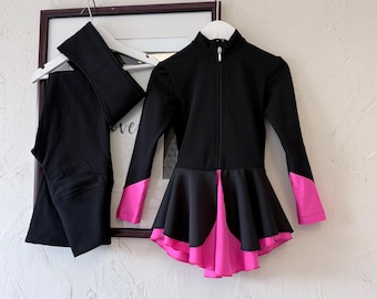 Conjunto de patinaje artístico para niñas: Vestido negro de hielo con pantalones térmicos rosas y diadema.
