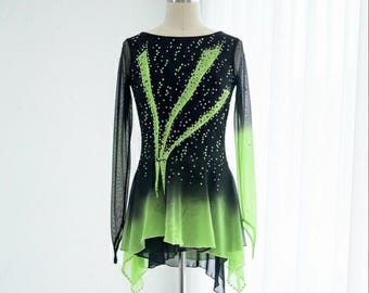 Handmade Rhinestone Figure Skating Dress: Neon Green & Black Ombre Costume