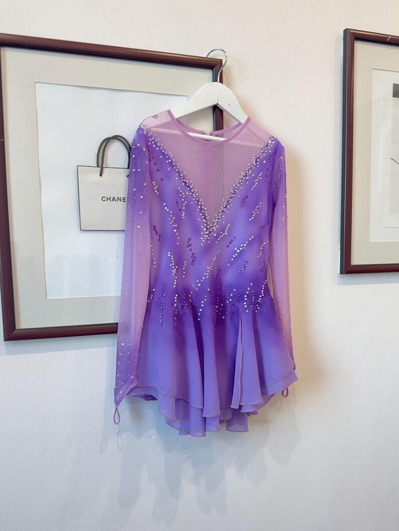 May include: A purple figure skating dress with long sleeves and a sheer bodice. The dress is decorated with rhinestones and has a layered skirt.