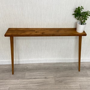 Rustieke slanke consoletafel, haarspeldpoten, massief houten halmeubilair