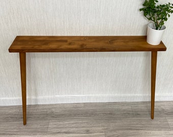Rustieke slanke consoletafel, haarspeldpoten, massief houten halmeubilair