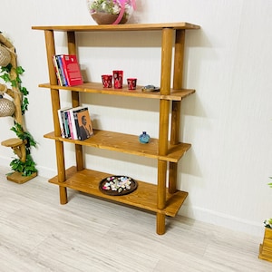 Solid wood bookcase, Vintage Ladder Bookshelf, Mid-Century Bookshelf with Cabinets, Scandinavian Bookshelf, Mid-Century Bookcase with Ladder