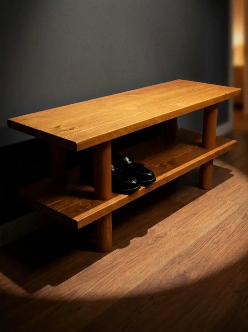 Solid Wood Entryway Bench with Shoe Rack, Handmade 画像 18