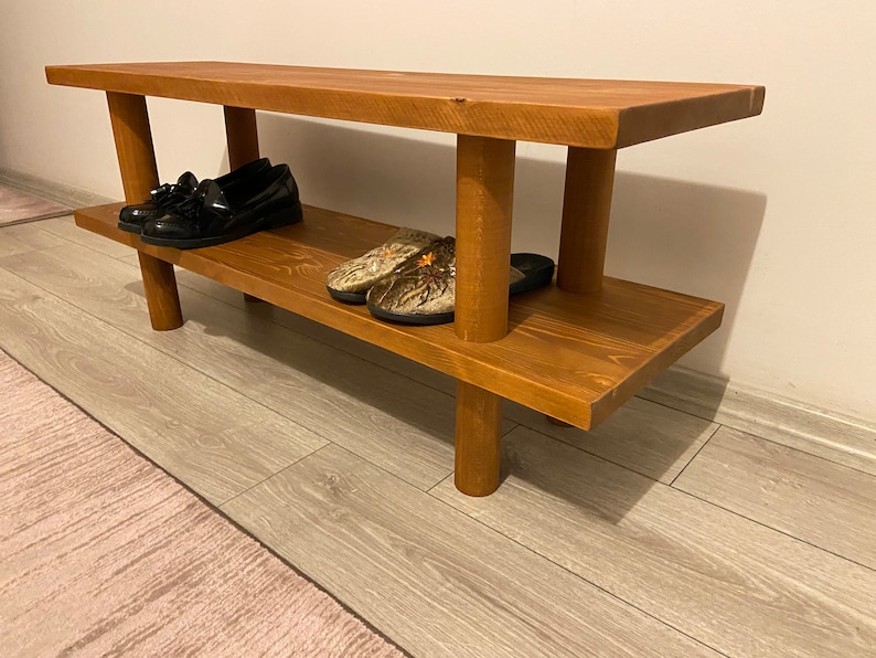 Solid Wood Entryway Bench with Shoe Rack, Handmade 画像 10