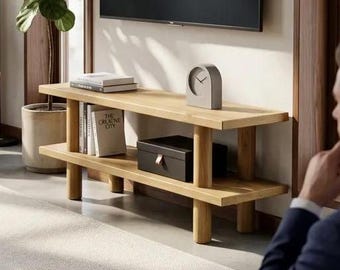 Rustic Solid Wood TV Stand, Handmade Media Console with Shelf