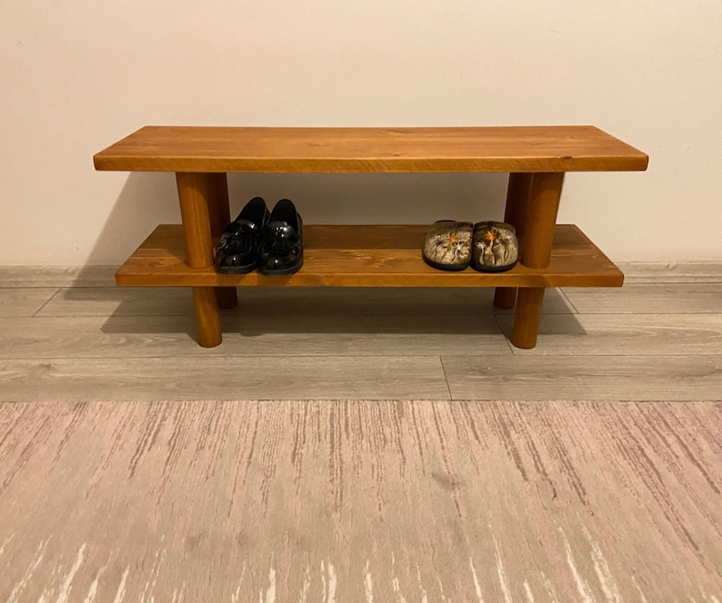Solid Wood Entryway Bench with Shoe Rack, Handmade 画像 4