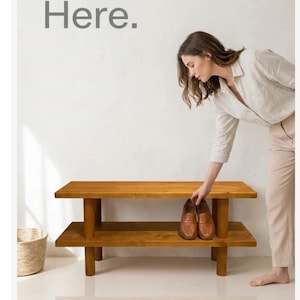 Solid Wood Entryway Bench with Shoe Rack, Handmade 画像 9