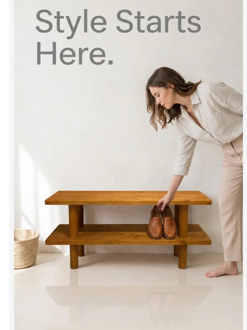 Solid Wood Entryway Bench with Shoe Rack, Handmade 画像 9