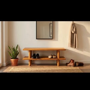 Solid Wood Entryway Bench with Shoe Rack, Handmade 画像 17