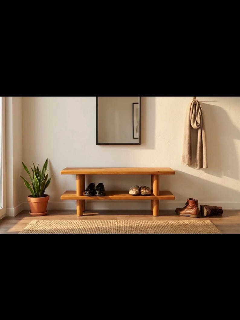 Solid Wood Entryway Bench with Shoe Rack, Handmade 画像 17