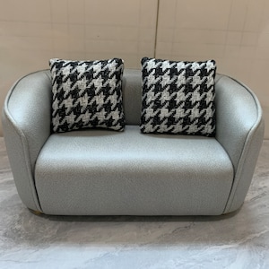1:6 Scale Scientific cloth doll couch,  Dollhouse miniature couch, Handmade mini loveseat sofa, Silver Gray Modern Minimalist Couch
