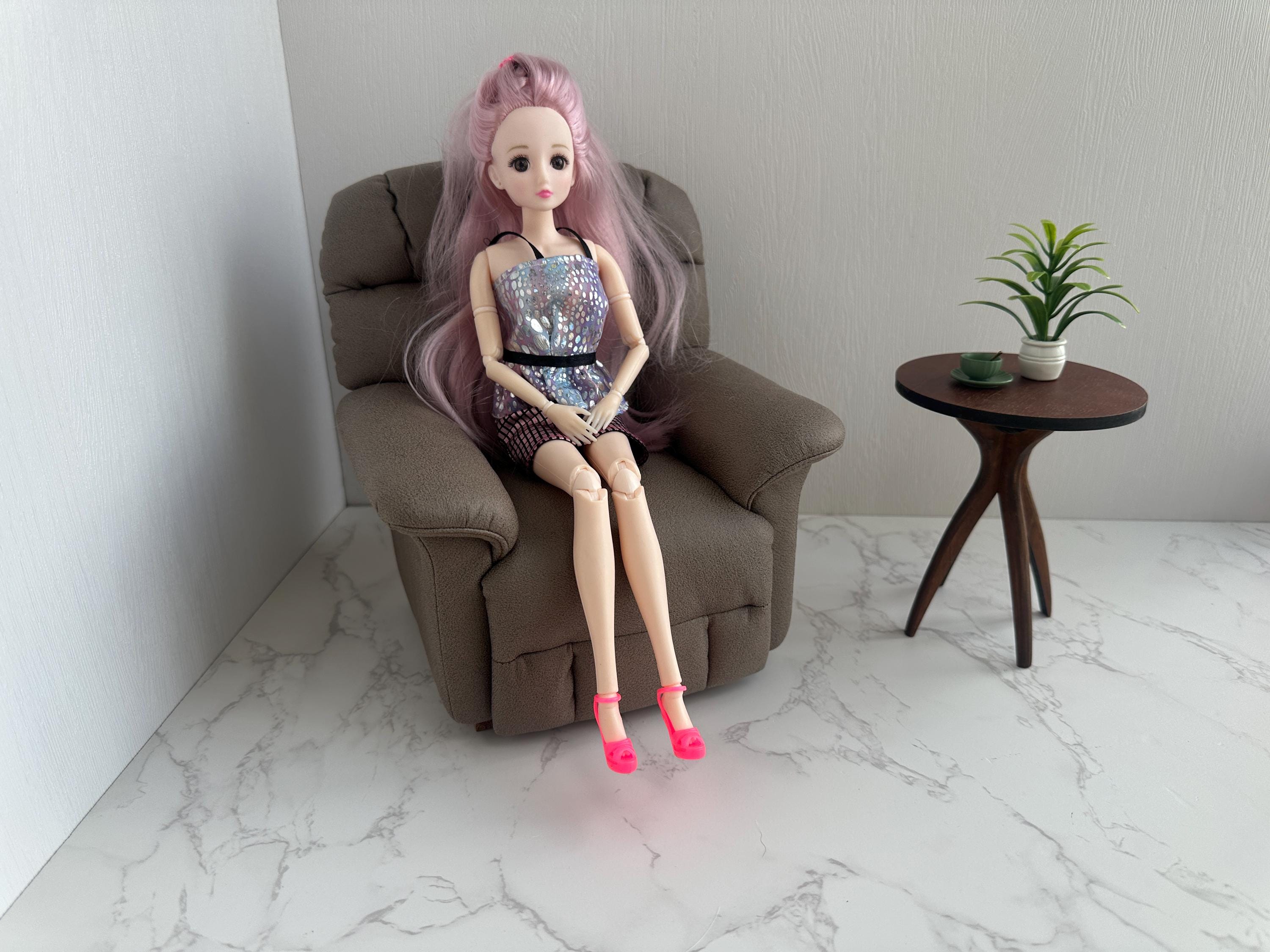 6 Inch Mini Chair Mini Recliner Chair for 1:6 Scale Dolls – Handmade Solid Wood Frame ...