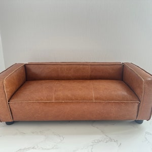Customizable 1:6 Scale Dollhouse Miniature Couch,  Handmade Amber wax leather Sofa, Goose Feather Filled Seamed Doll Sofa, Gift for her