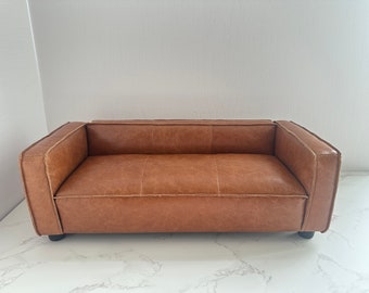 Customizable 1:6 Scale Dollhouse Miniature Couch,  Handmade Amber wax leather Sofa, Goose Feather Filled Seamed Doll Sofa, Gift for her
