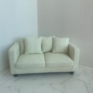 1:6 scale White linen miniature loveseat couch, Dollhouse miniature furniture, Handmade mini sofa, Customizable Modern minimalist sofa