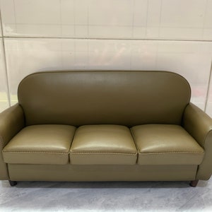 Dollhouse miniature three seat olive green Leath couch, 1:6 scale mini doll sofa , Gift for doll , Minimalist sheepskin couch, Gift for doll