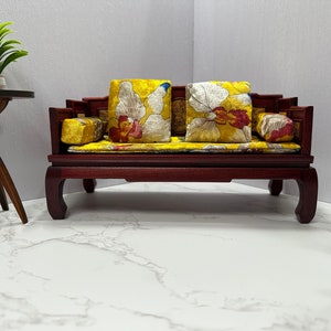 1:6 Scale Dollhouse Vintage Chinese Bench,  Handmade miniature bench with armrests and back cushions