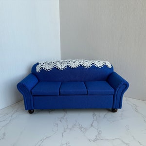 Dollhouse 1:6 Scale Miniature Vintage Linen cloth Couch for 12" doll, Handmade Three Seat Mini Sofa,  Vintage handmade dollhouse furniture